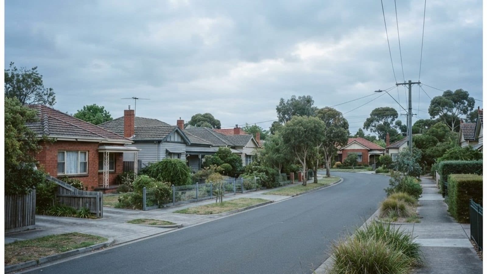 Quiet Australian suburban street of single-storey brick and weatherboard homes