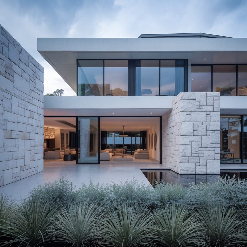 Modern commercial property exterior with stone cladding and glass walls