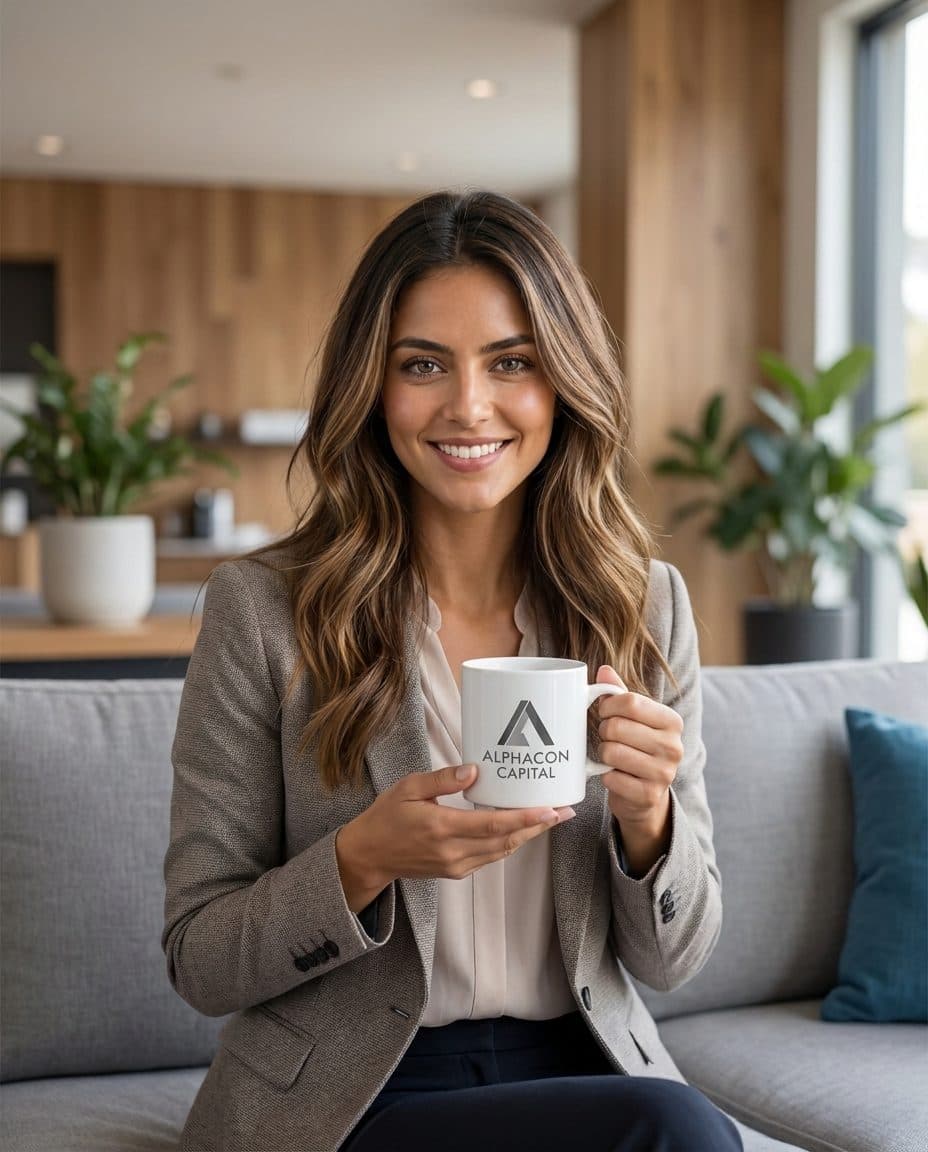 Woman in a blazer holding an Alphacon Capital mug on a couch